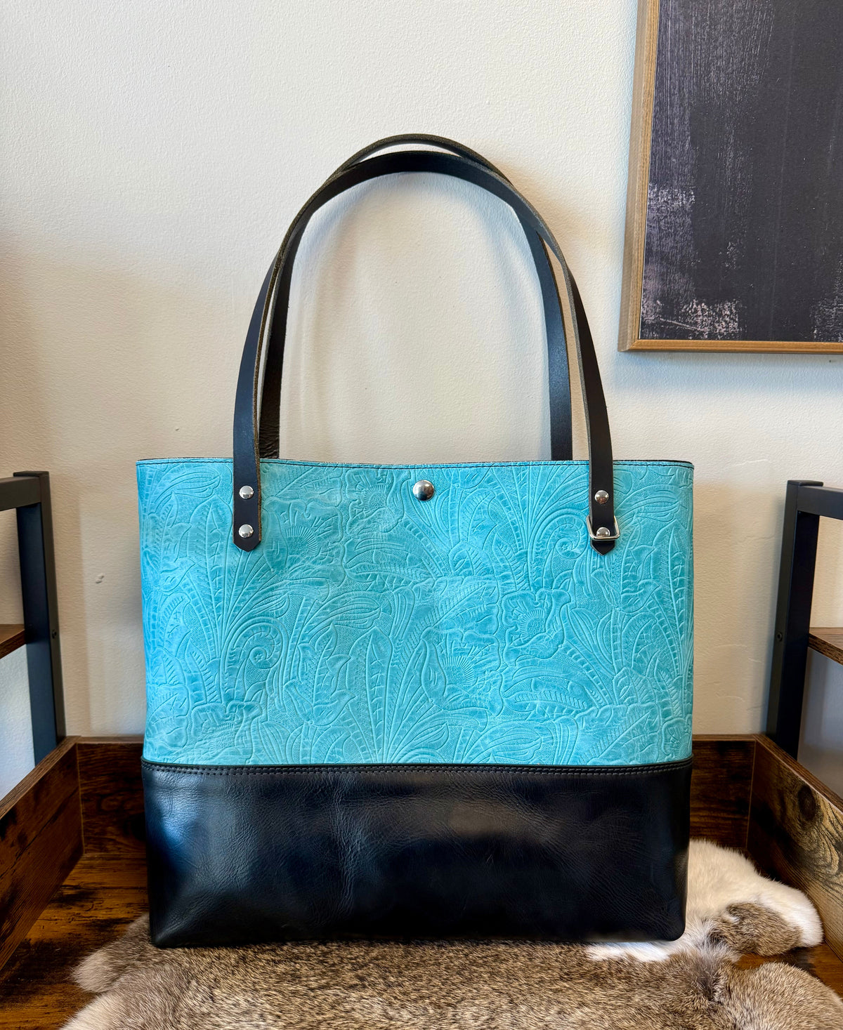 Tucson Tote with turquoise floral embossed leather