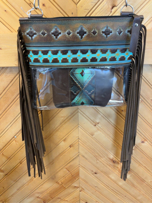 Brown and turquoise Arena crossbody bag with a clear lower body, long brown fringe, zipper top, and matching pouch