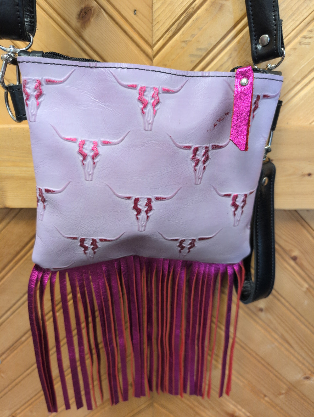 Lavender longhorn embossed Purse Sidekick with metallic pink accents, bottom fringe and black straps