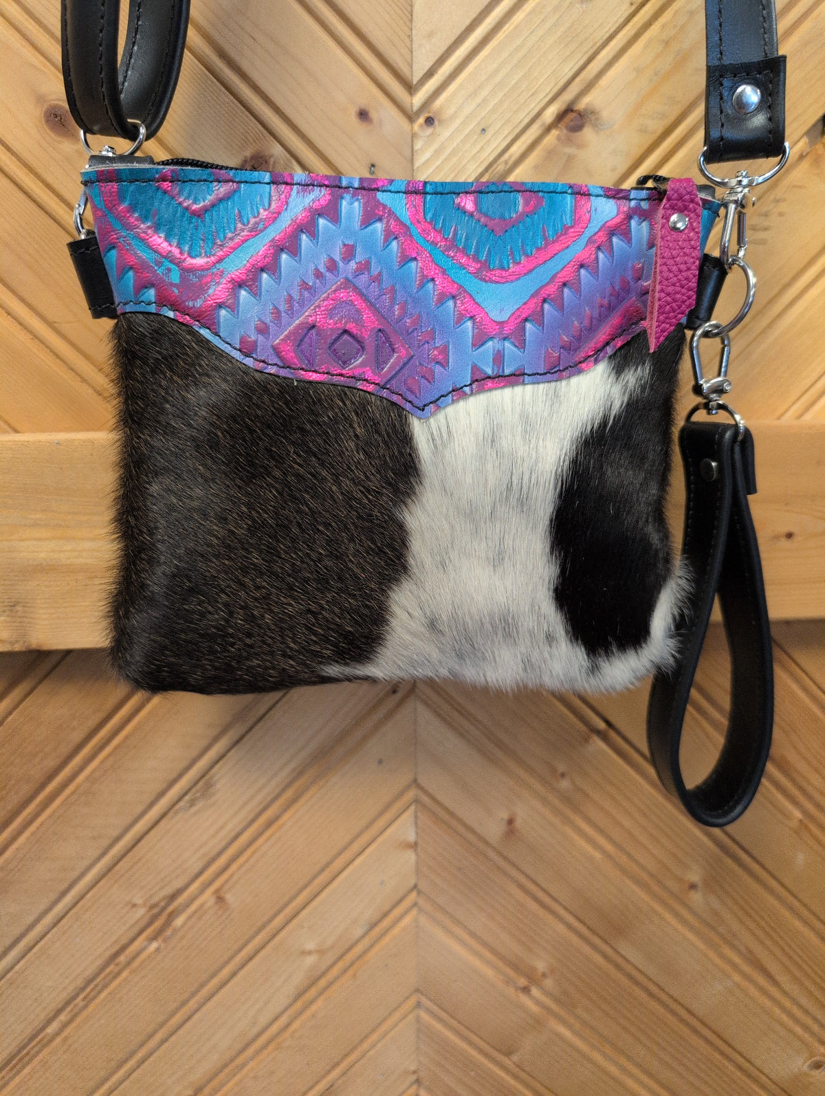Front of Purse Sidekick with Liza Frank Aztec embossed top, black-and-white cowhide, crossbody strap and wristlet strap