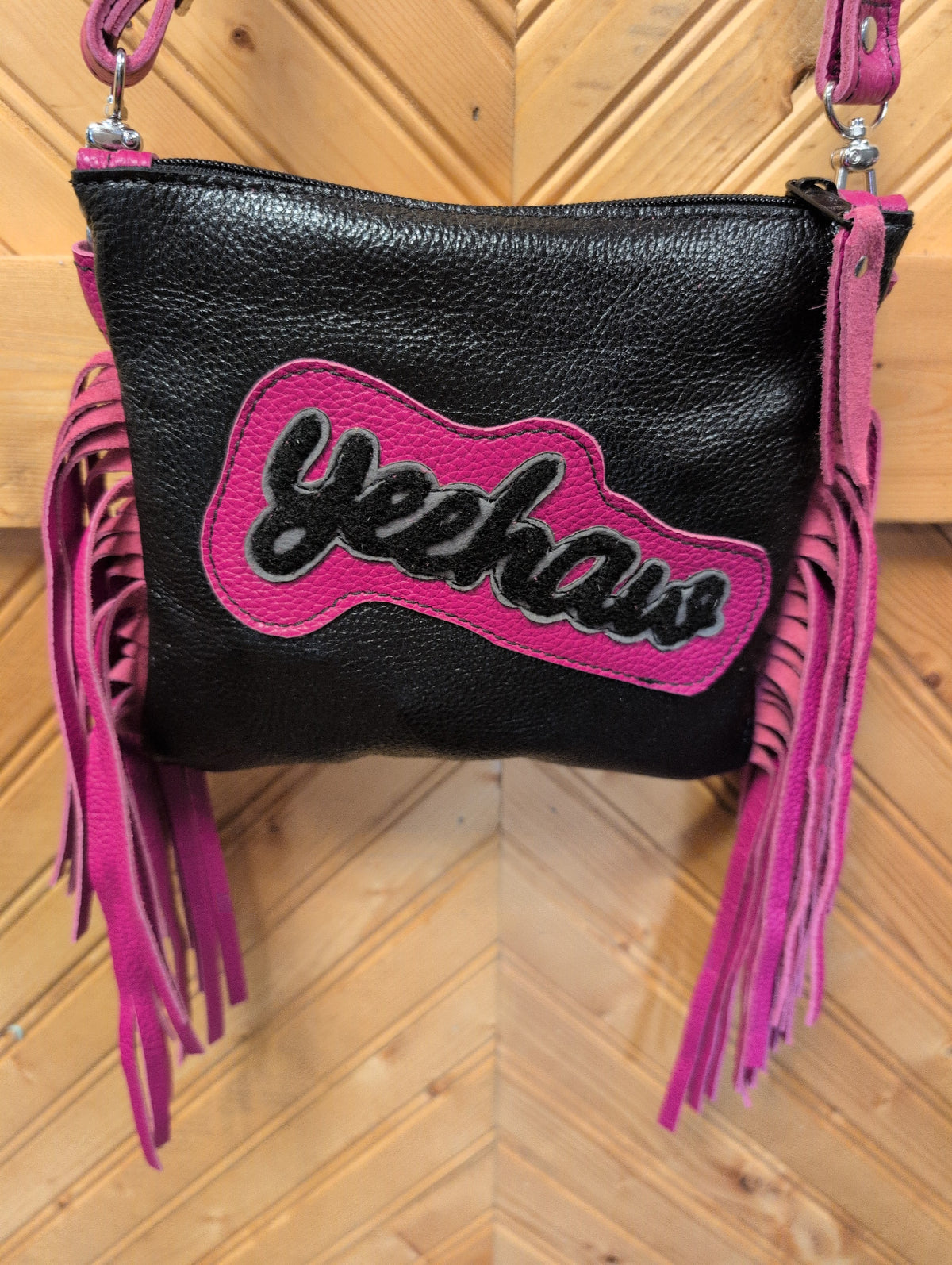Black Purse Sidekick with Yeehaw patch, bright pink side fringe and pink crossbody strap
